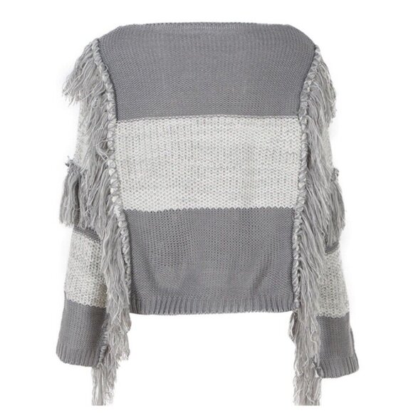 Patchwork Long Fringe Gray Sweater - Picture 8 of 8